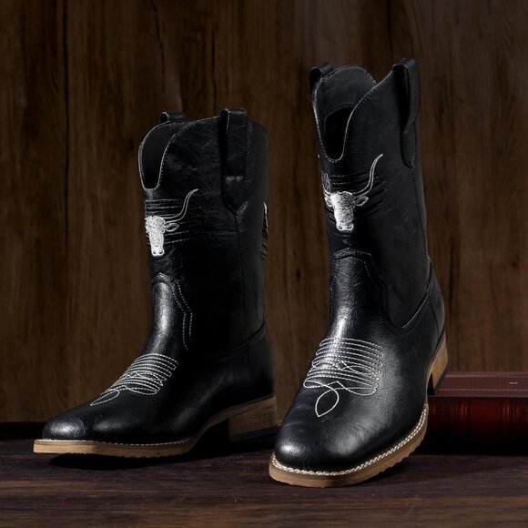 Men\'s Black Toe Western Boots Vegan/genuine Leather With Classic Patriot main image 5